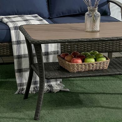 Patio Rattan Coffee Table with Storage Shelf and Composite Top