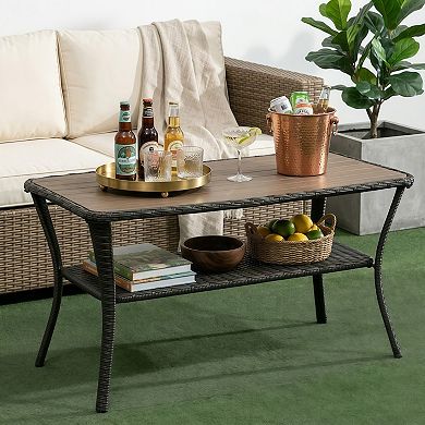 Patio Rattan Coffee Table with Storage Shelf and Composite Top