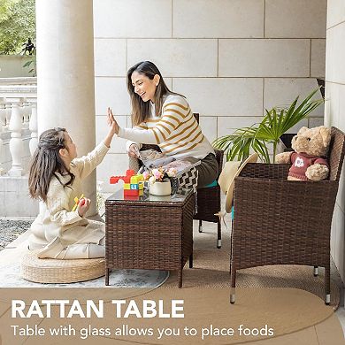 3-Piece Outdoor Patio Bistro Set Rattan Wicker Chairs with Cushions & Glass Top Table