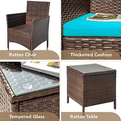 3-Piece Outdoor Patio Bistro Set Rattan Wicker Chairs with Cushions & Glass Top Table