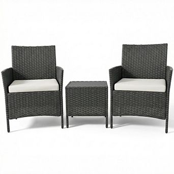 3 pc Outdoor Patio Bistro Set Rattan Wicker Chairs with Cushions & Glass Top Table