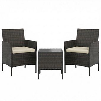 3 pc Outdoor Patio Bistro Set Rattan Wicker Chairs with Cushions & Glass Top Table