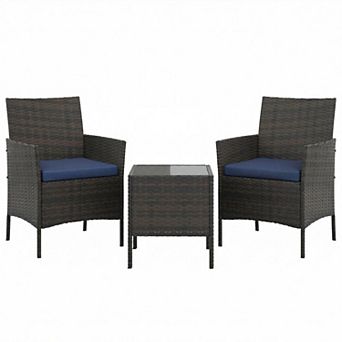 3 pc Outdoor Patio Bistro Set Rattan Wicker Chairs with Cushions & Glass Top Table