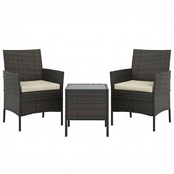 3 pc Outdoor Patio Bistro Set Rattan Wicker Chairs with Cushions & Glass Top Table