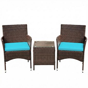 3 pc Outdoor Patio Bistro Set Rattan Wicker Chairs with Cushions & Glass Top Table