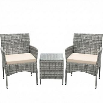 3 pc Outdoor Patio Bistro Set Rattan Wicker Chairs with Cushions & Glass Top Table