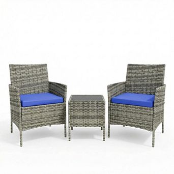 3 pc Outdoor Patio Bistro Set Rattan Wicker Chairs with Cushions & Glass Top Table
