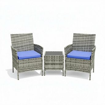 3 pc Outdoor Patio Bistro Set Rattan Wicker Chairs with Cushions & Glass Top Table