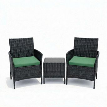 3 pc Outdoor Patio Bistro Set Rattan Wicker Chairs with Cushions & Glass Top Table