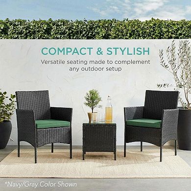 3-Piece Outdoor Patio Bistro Set Rattan Wicker Chairs with Cushions & Glass Top Table