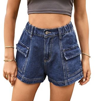 Women's Vintage Denim Cargo Shorts Summer Casual Loose Button Zipper Shorts