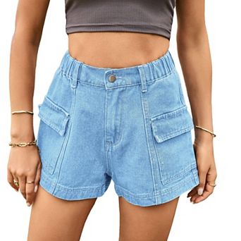 Women's Vintage Denim Cargo Shorts Summer Casual Loose Button Zipper Shorts