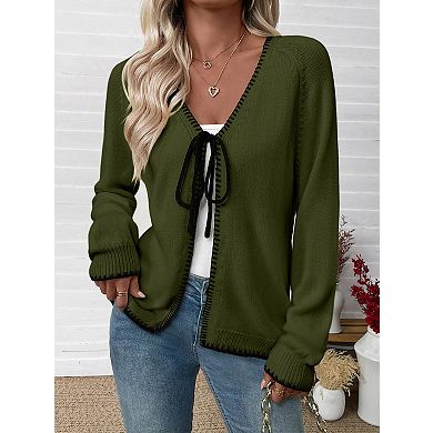 Women's V Neck Long Sleeve Cardigan Tie Closure Lightweight Sweaters