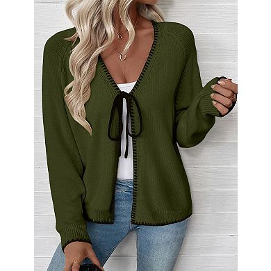 Women's V Neck Long Sleeve Cardigan Tie Closure Lightweight Sweaters