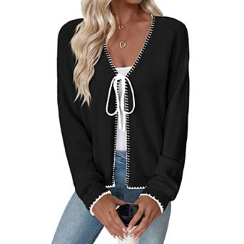 Women's V Neck Long Sleeve Cardigan Tie Closure Lightweight Sweaters