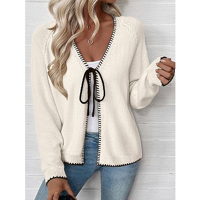Women's Lightweight V Neck Long Sleeve Cardigan Tie Closure