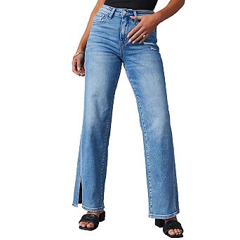 Women's Jeans High Waisted Full Length Straight Leg Jeans Side Slit Hem Denim Pants