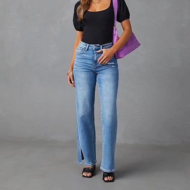 Women's Jeans High Waisted Full Length Straight Leg Jeans Side Slit Hem Denim Pants