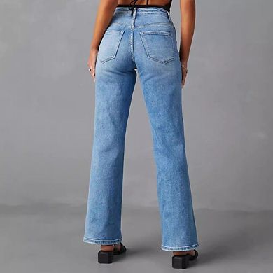 Women's Jeans High Waisted Full Length Straight Leg Jeans Side Slit Hem Denim Pants