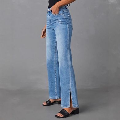Women's Jeans High Waisted Full Length Straight Leg Jeans Side Slit Hem Denim Pants