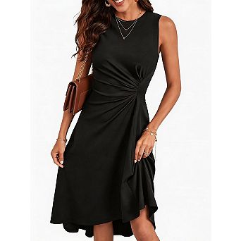 Women's Crew Neck Ruched Waist Sleeveless A-Line Midi Dress