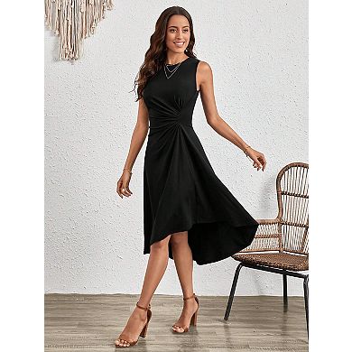 Women's Crew Neck Ruched Waist Sleeveless A-Line Midi Dress