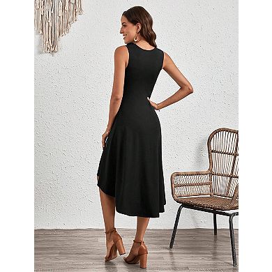Women's Crew Neck Ruched Waist Sleeveless A-Line Midi Dress