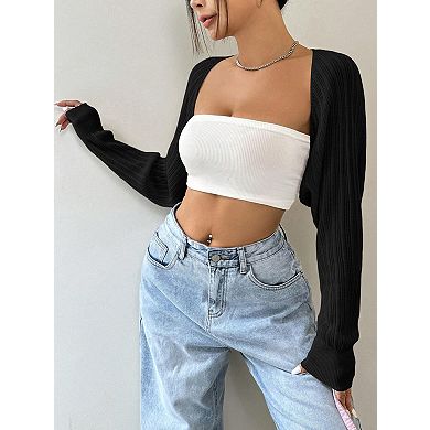 Women's Long Sleeves Shrug Cardigan Open Front Cropped Bolero Arm Top