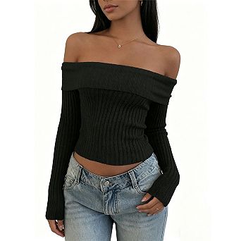 Women's Long Sleeve Off Shoulder Knit Sweater Ribbed Fitted Cropped Top