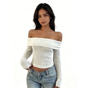 Women's Long Sleeve Off Shoulder Knit Sweater Ribbed Fitted Cropped Top