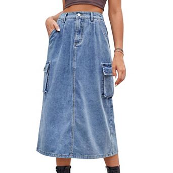 Women's High Waisted Denim Cargo Skirt Casual A-Line Midi Jean Skirts with Pocket
