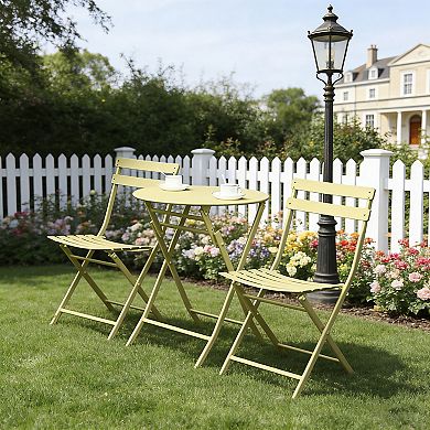 BAOURE Powder Coated Metal Folding Patio Bistro Set Three Piece Outdoor Table And Chairs