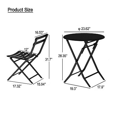 BAOURE Powder Coated Metal Folding Patio Bistro Set Three Piece Outdoor Table And Chairs