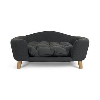 Dark Gray Mid-Century Modern Small Dog Sofa Bed With Tufted Cushion And Birch Wood Legs