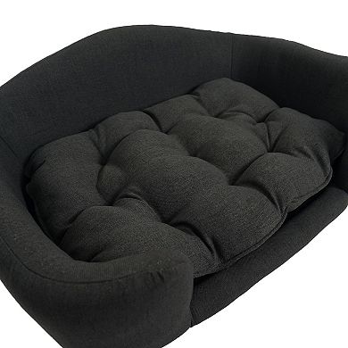 Dark Gray Mid-Century Modern Small Dog Sofa Bed With Tufted Cushion And Birch Wood Legs