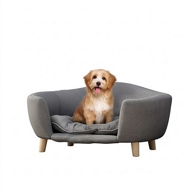 Dark Gray Mid-Century Modern Small Dog Sofa Bed With Tufted Cushion And Birch Wood Legs