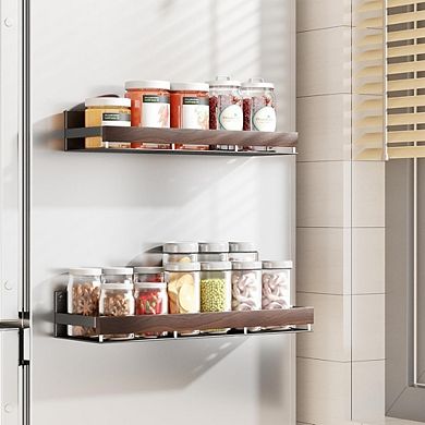 2-Pack Walnut Magnetic Spice Rack Shelf, Fridge Wall Mount Organizer