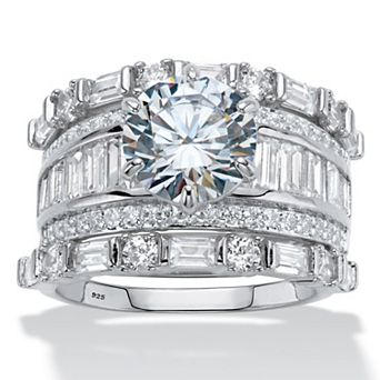6.38 ct w. Round Cubic Zirconia Platinum-plated Silver 3 pc Wedding Ring Set