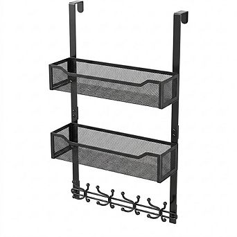 Over The Door Hooks Organizer with 16 Hooks and 2 Mesh Baskets Hanging Storage Rack