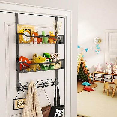Over The Door Hooks Organizer with 16 Hooks and 2 Mesh Baskets Hanging Storage Rack