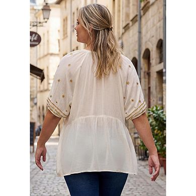 Roaman's Women's Plus Size Crinkle Rayon Tie-Neck Embroidered Blouse
