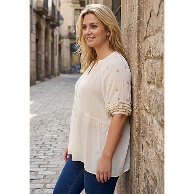 Roaman's Women's Plus Size Crinkle Rayon Tie-Neck Embroidered Blouse
