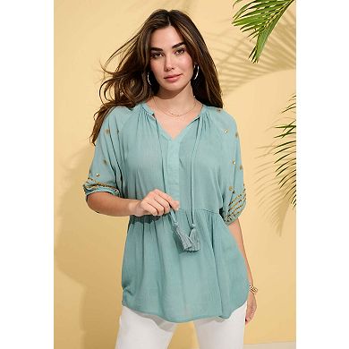 Roaman's Women's Plus Size Crinkle Rayon Tie-Neck Embroidered Blouse