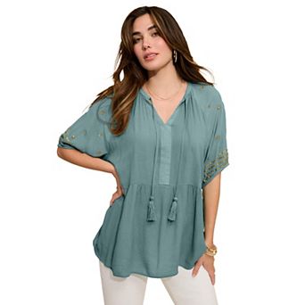 Roaman's Women's Plus Size Crinkle Rayon Tie-Neck Embroidered Blouse