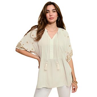 Roaman's Women's Plus Size Crinkle Rayon Tie-Neck Embroidered Blouse