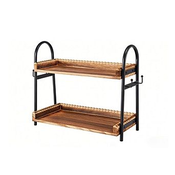 JUANWANG 2 tier Coffee Bar Organizer with Cup Hooks, Wooden Beaded Stand, Kitchen & Office