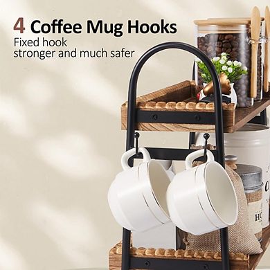 JUANWANG 2-Tier Coffee Bar Organizer with Cup Hooks, Wooden Beaded Stand, Kitchen & Office
