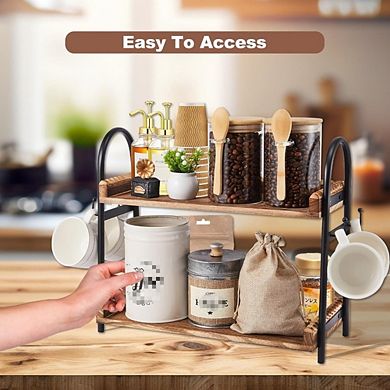 JUANWANG 2-Tier Coffee Bar Organizer with Cup Hooks, Wooden Beaded Stand, Kitchen & Office