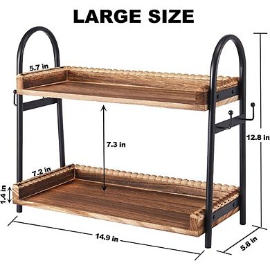 JUANWANG 2-Tier Coffee Bar Organizer with Cup Hooks, Wooden Beaded Stand, Kitchen & Office