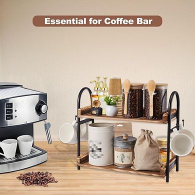 JUANWANG 2-Tier Coffee Bar Organizer with Cup Hooks, Wooden Beaded Stand, Kitchen & Office